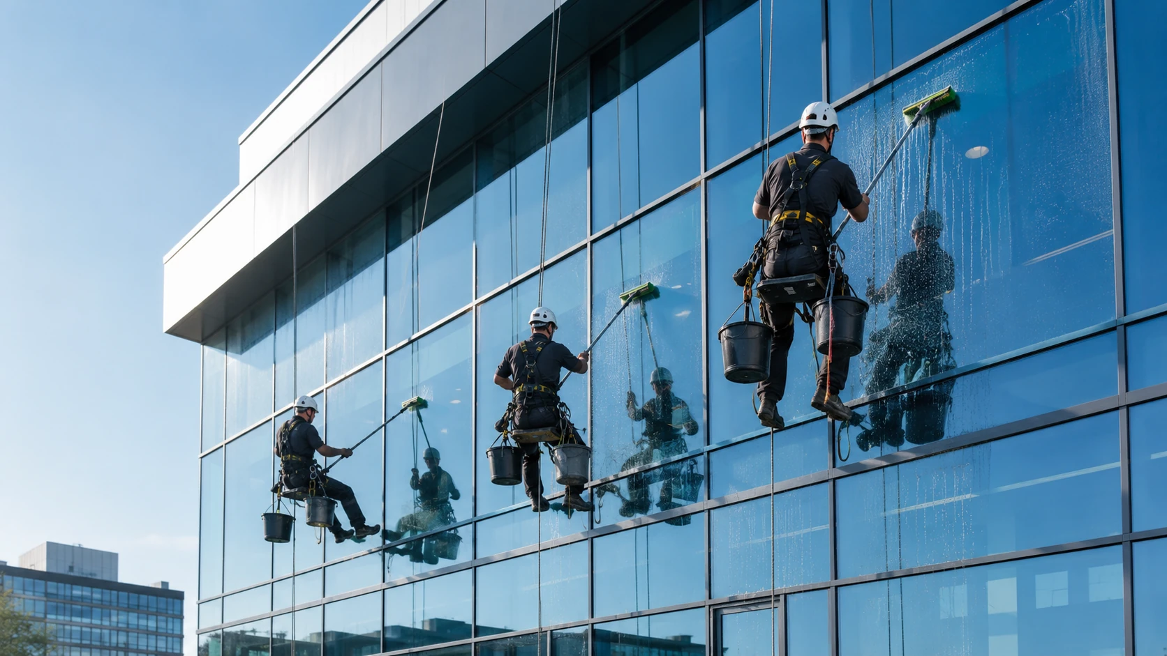 Промислові альпіністи миють панорамний скляний фасад